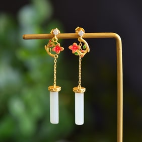 A Pair of Exquisite Sterling Silver-Gold Plated Inlaid White Jade Earrings