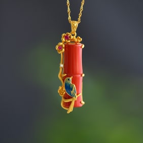An Exquisite Sterling Silver-Gold Plated Inlaid Cinnabar Pendant