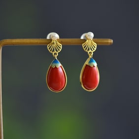 A Pair of Exquisite Sterling Silver-Gold Plated Inlaid Cinnabar Earrings