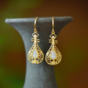 A Pair of Exquisite Sterling Silver-Gold Plated Inlaid White Jade Earrings