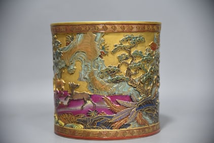 A Rare Enamel Color Gilded Pine and Deer Pattern Brush Washer and Brush Pot