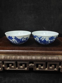 A pair of Rare Blue and White Fish and Lotus Pattern Cup