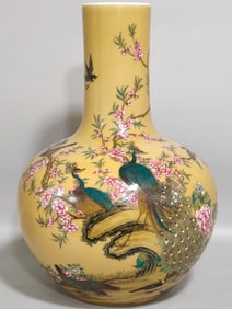 A Rare Yellow Glazed Flower and Bird Pattern Vase