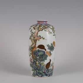 A Rare  Enameled Inscribed Flower and Bird Pattern Vase