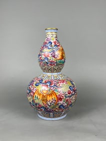 Enamel Flower and Bat Pattern Gourd Vase