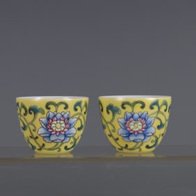 A Pair of Rare Yellow Ground Enameled Passion Flower Pattern Bowl Cups