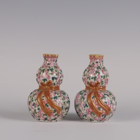 A Pair of Rare Famille Rose Gourd Pattern Three Hole Gourd Vases