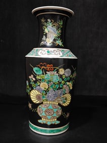 A Rare Wucai Black Glaze Bogu Pattern Vase