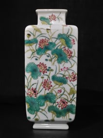 A Rare Famille-Rose Lotus Pattern Square Vase