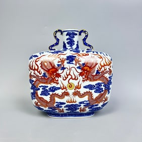A Rare  Blue and White with Iron Red and Gold Traced Double Dragon Pattern Double-Ear Vase