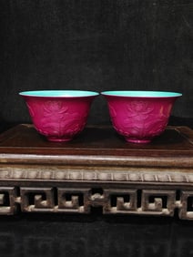 A pair of Rare Ruby Red-Glazed carving Fish and Lotus Pattern Cup