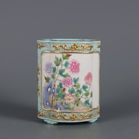 A Rare  Turquoise Green Glaze Pearl Ground Famille Rose Flower Pattern Brush Pot