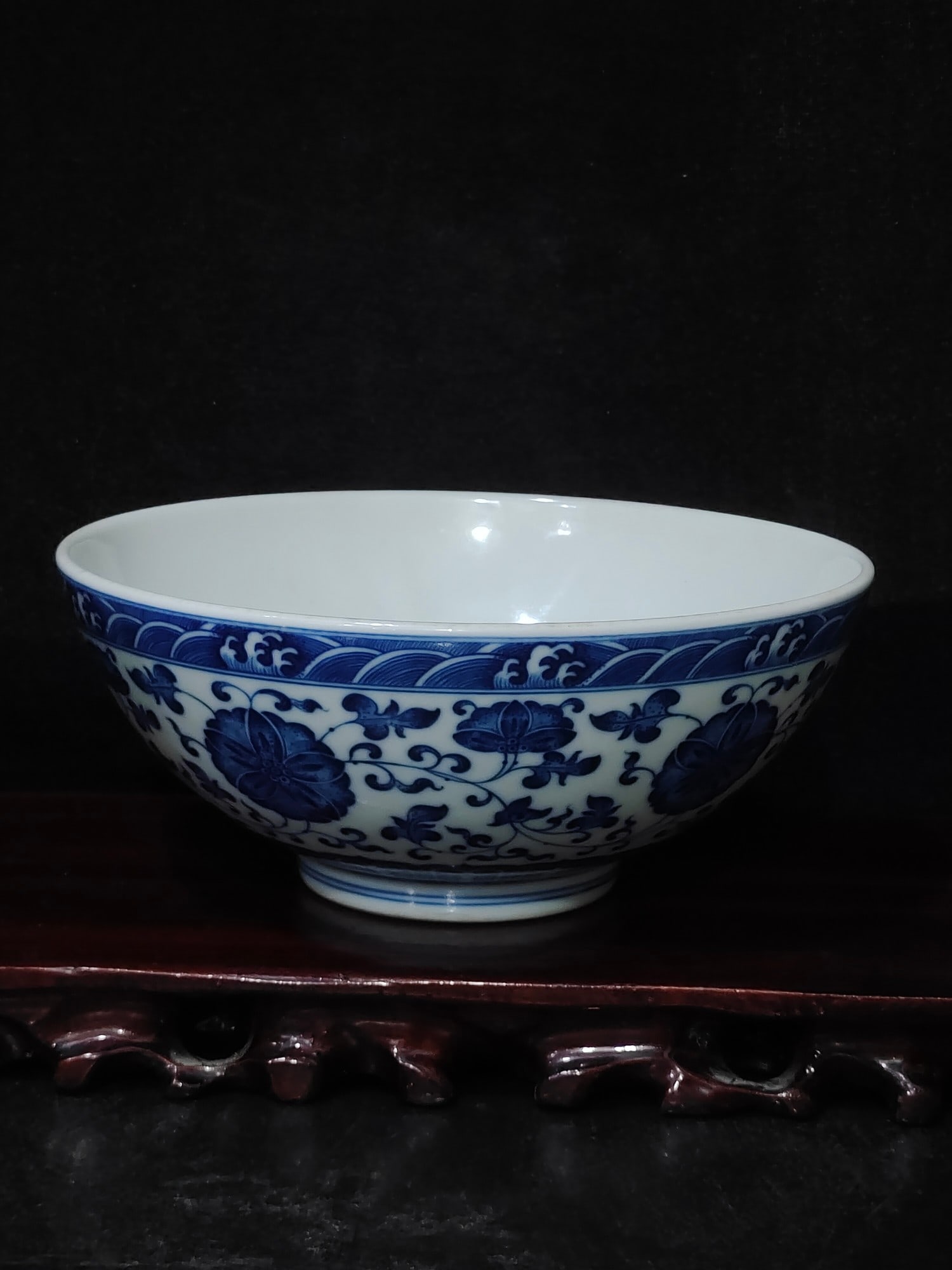 A Rare Blue and White Lotus Pattern Bowl: A Rare Blue and White Lotus Pattern Bowl,Qing Dynasty, China,Yongzheng Six-character Mark,Size:3.1inx7.1in 青花缠枝莲纹碗,中国清代,