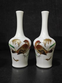 A pair of Rare Enamel Flower and Bird Pattern Vase,With poem