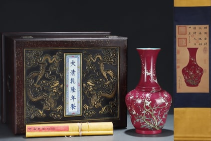 A Rare Famille-Rose Red Glazed Outline in gold Plum flower Pattern Vase