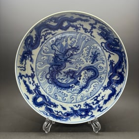 A Rare Blue and white seawater dragon pattern plate