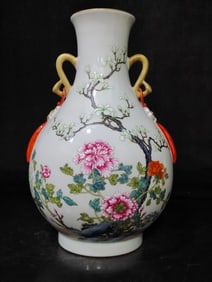 A Rare Famille-Rose Flower Pattern Double-Ears Vase