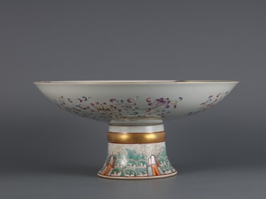 A Rare  Famille Rose Landscape and Pavilion Pattern Stem Bowl