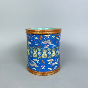 A Rare  Famille Rose Blue Ground Coral Red with Gold Traced Eight Treasures, Cloud and Crane Pattern