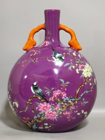 A Rare Purple Glaze Flower and Bird Pattern Vase,With poem