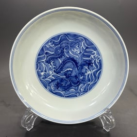 A Rare Blue and white seawater and ten dragon pattern plate