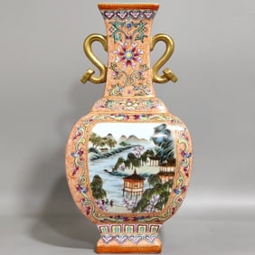 A Rare Famille-Rose Lotus and Landscape Pattern Square Double-Ears Vase,With poem