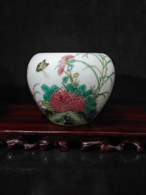 A Rare Famille-Rose Flower and Bird Pattern Brush Washer,With poem
