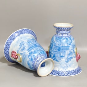 A Rare Blue Glazed Landscape Pattern Double-Ears Cup,With poem