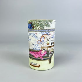 A Rare  Famille Rose Figure Story Pattern Brush Pot