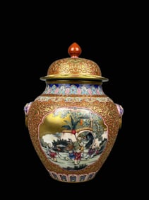 Enamel Outline in gold Carved Figure Pattern Double-Eared Jar