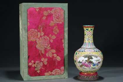 A Rare Famille-Rose Yellow Ground Outline in gold Character and Story Pattern Vase