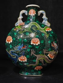 A Rare Wucai Peony Dragon Pattern Double-Ears Vase