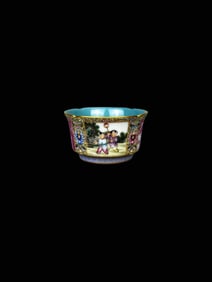 Enamel Outline in gold Landscape and Figure Pattern Tea Cup
