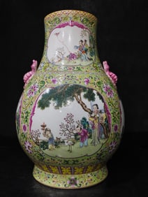 A Rare Enamel Yellow Ground Outline in gold Flower Character and Story Pattern Double-Ears Zun