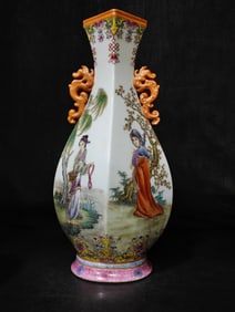 A Rare Enamel Character and Story Pattern Double-Ears Vase