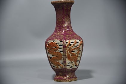 A Rare Black Ground Interlocking Lotus Flower Pattern Double Sheep-Eared Vase