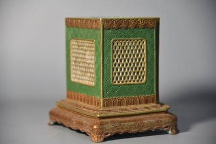 A Rare Enamel Color Gold Ground Carved Flower and Bird Pattern Elephant-Eared Vase