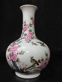 A Rare Famille-Rose Flower and Bird Pattern Vase,With poem