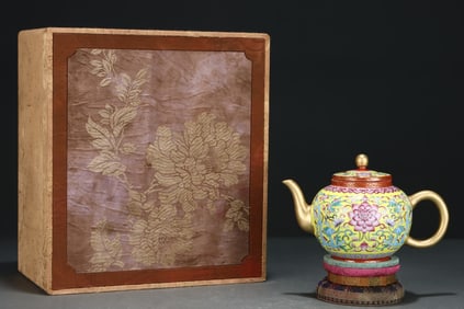 A Rare Enamel Outline in gold Lotus Pattern Teapot