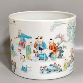 A Rare Famille-Rose Character and Story Pattern Brush Pot