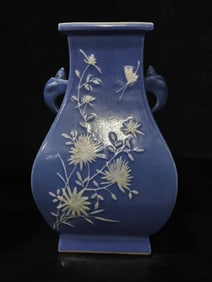 A Rare Sky Blue Glazed  Flower and Butterfly Pattern Square Vase