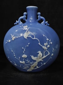 A Rare Sky Blue Glazed  Flower and Bird Pattern Double-Ears Vase