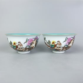 A Pair of Rare Enameled Flower and Bird Pattern Cups