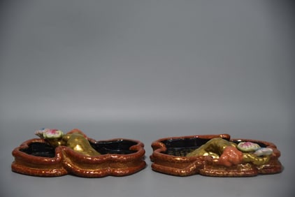A Rare Enamel Color Gilded Carved Dragon and Phoenix Pattern Brush Pot