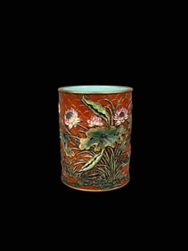 Enamel Outline in gold Carved Lotus Pattern Brush Pot