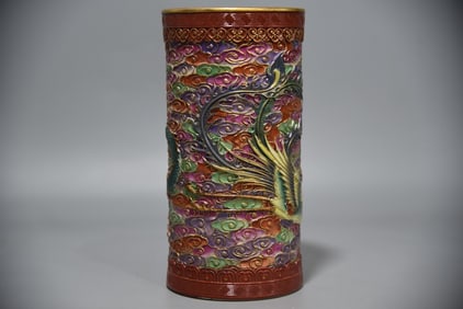 A Rare Enamel Color Gilded Deer and Rabbit Pattern Double-Eared Vase