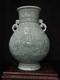 A Rare Pea-green Glaze carving Cloud and Lion Pattern Double-Ears Vase