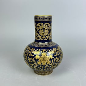 A Rare  Sacrificial Blue Glaze with Gold Traced Lotus Flower Pattern Vase