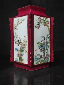 A Rare Ruby Red-Glazed Flower and Bird Pattern Square Vase
