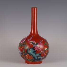 A Rare  Coral Red Base Famille Rose Phoenix and Peony Pattern Vase